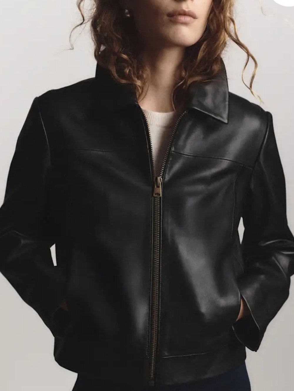 Quince 100% Leather Cropped Zip Front Jacket True Black Medium